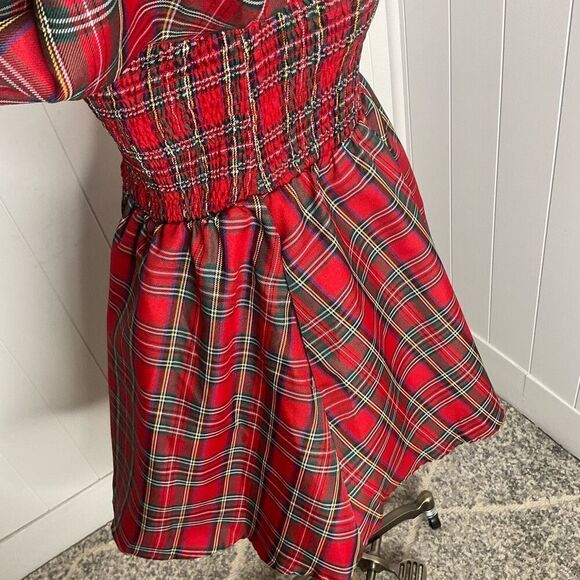 Blue Rain Women XS Red Plaid Ballon Sleeve Baby Doll Mini Dress Peasant Cottage - Picture 7 of 15